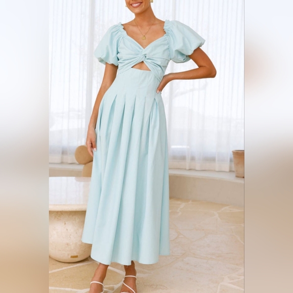 Elegant Light Blue Women's Sweetheart Neck Puff Sleeve Midi Dress - Picture 8 of 12